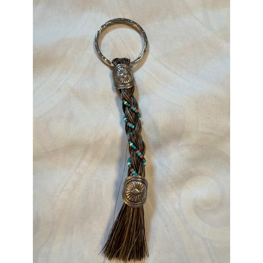 Braided Horsehair Keychain Silver Concho Turquoise Beaded Southwestern Tassel 5"